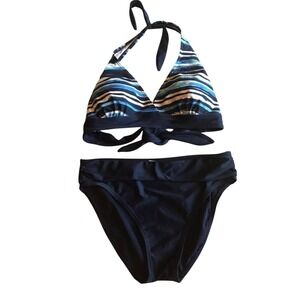 Striped Halter Tie‎ Bikini Swimsuit Set Two Piece Navy Blue Beach Summer